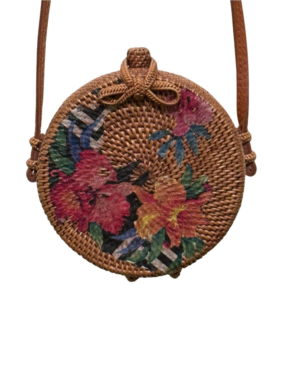 Round Woven Floral Crossbody Bag - Brown with Pink & Green Floral